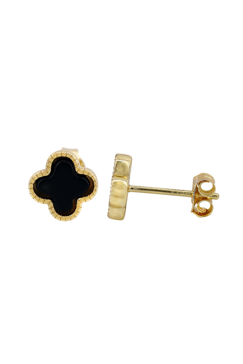 4 Leaf Clover Black Agate Stud Earrings-Gold