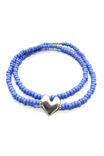 The Makery Collection, Silver Heart and Jacaranda Blue Bead Double Wrap Bracelet