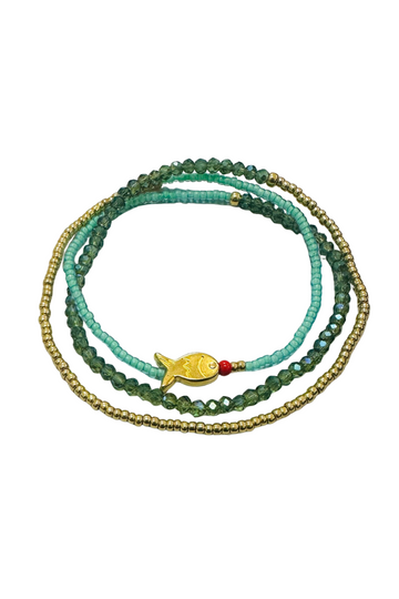 The Makery, Beaded Triple Wrap Bracelet in Shades of Turquoise with a gold fish
