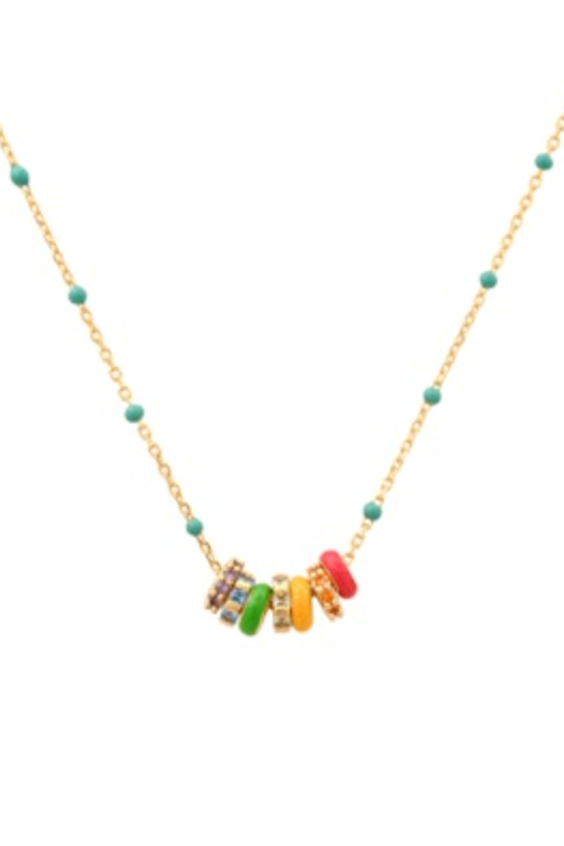 Tai, Enamel Beaded Chain with Rainbow Rondelles- Gold/Turquoise