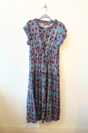 Oliphant, Cinched Flirty Midi Dress - Turquoise Jardin