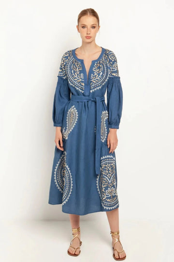 Greek Archaic Kori, Paisley Ruffle Long Dress with Belt- Indigo/Gold