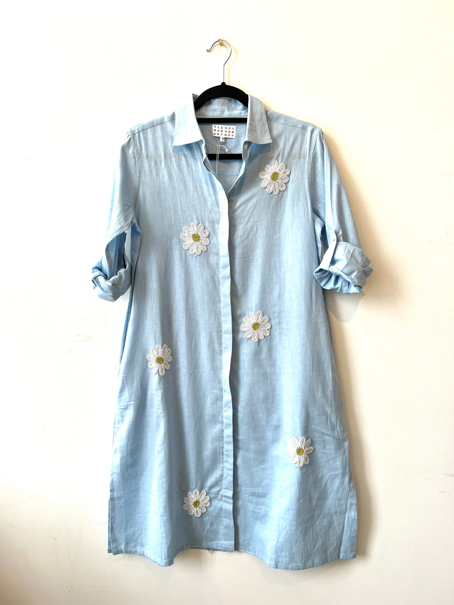 Tiana, Linen Light Blue Daisy Dress