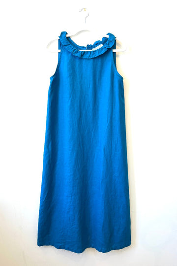 Haris Cotton, Sleeveless Linen Dress with Butterfly Neck- Aegean Blue