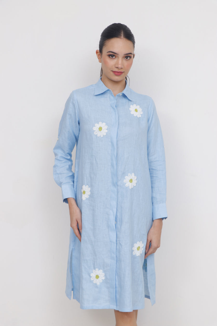 Tiana, Linen Light Blue Daisy Dress