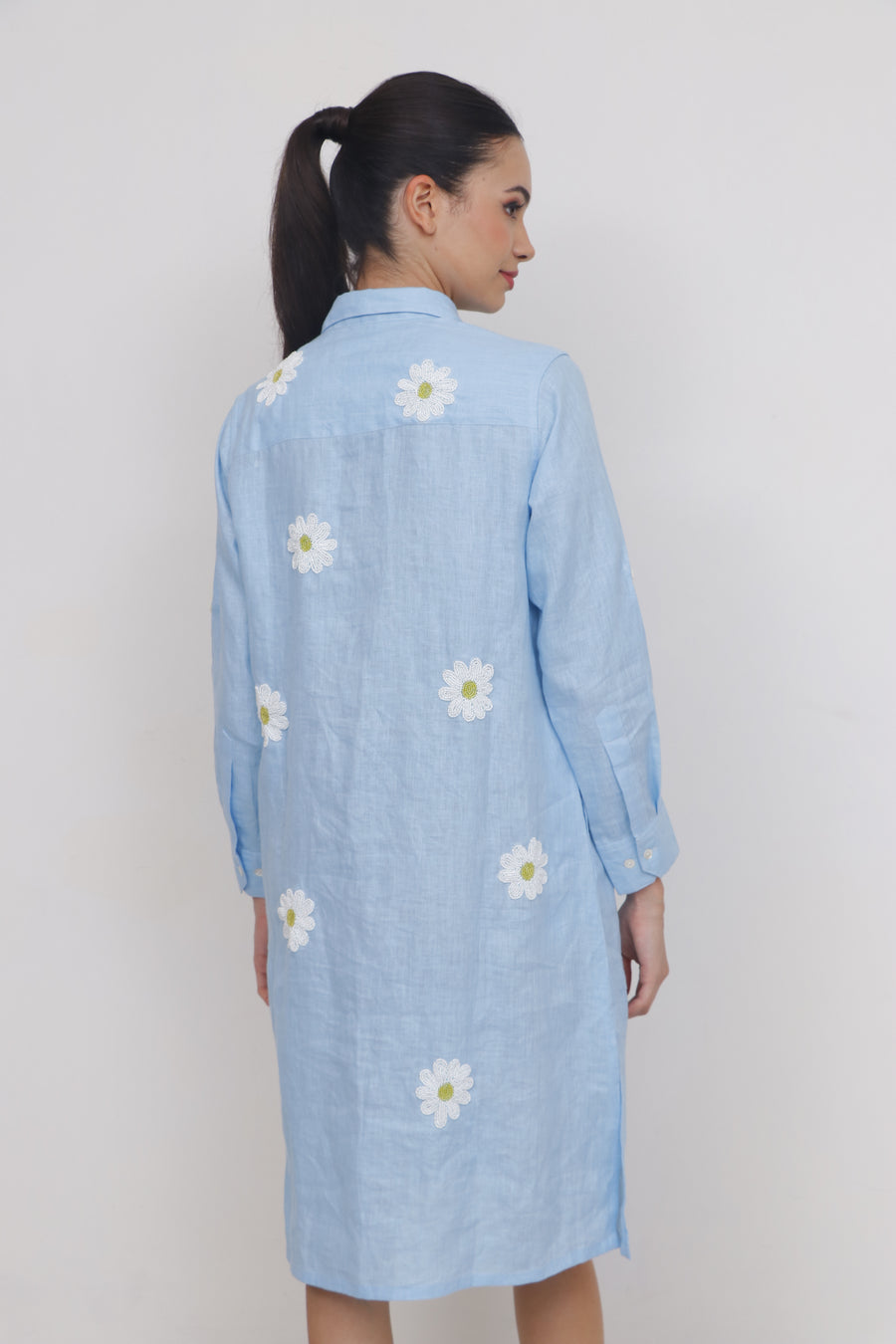 Tiana, Linen Light Blue Daisy Dress