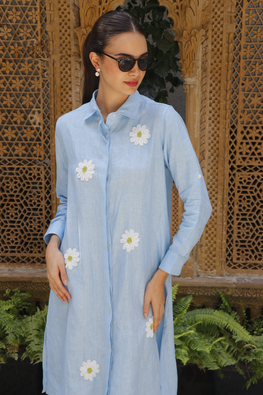 Tiana, Linen Light Blue Daisy Dress