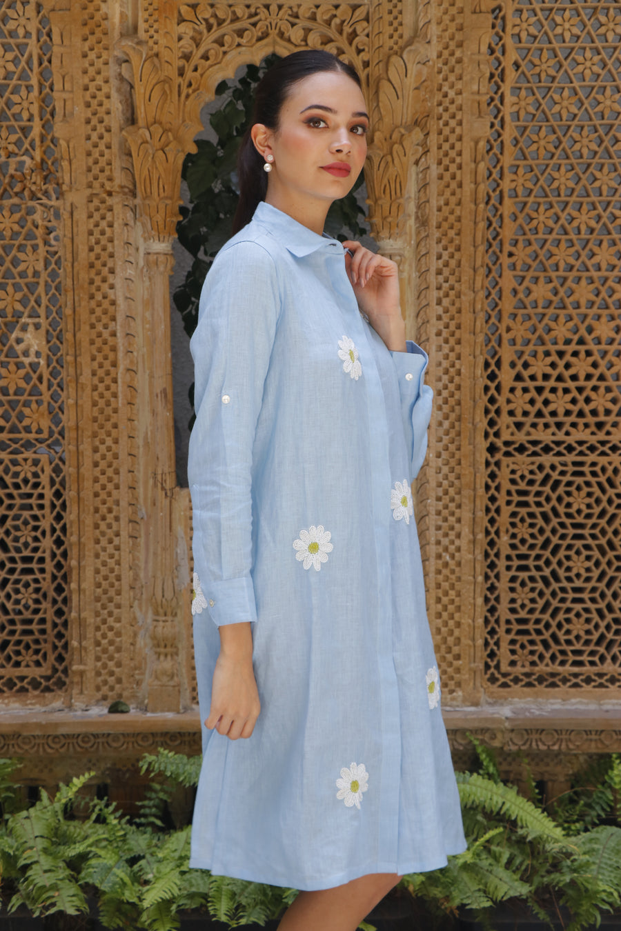 Tiana, Linen Light Blue Daisy Dress