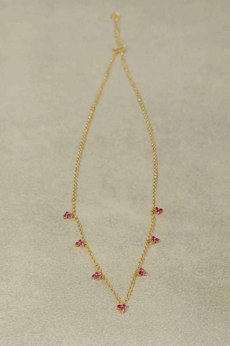 The Makery, Gold Necklace with Seven Sparkling Pink Clusters