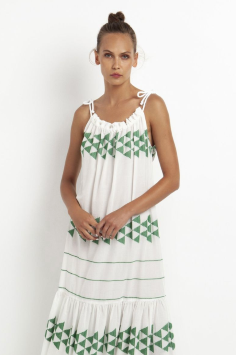 Greek Archaic Kori, Short Arrow Dress with Rope Ties- White/Green