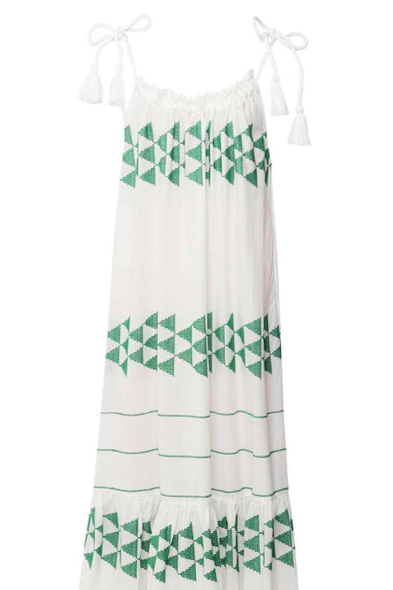 Greek Archaic Kori, Short Arrow Dress with Rope Ties- White/Green