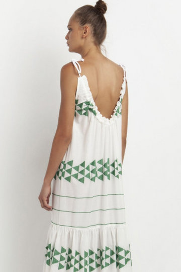 Greek Archaic Kori, Short Arrow Dress with Rope Ties- White/Green