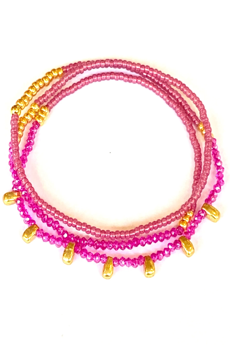 The Makery, Beaded Triple Wrap Bracelet- Fuchsia Pink with Gold Drops