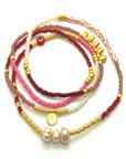 The Makery, Loopstring Necklace- 3 Pearls, Red/Pink