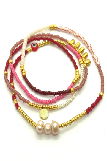 The Makery, Loopstring Necklace- 3 Pearls, Red/Pink