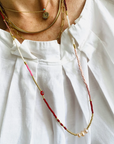 The Makery, Loopstring Necklace- 3 Pearls, Red/Pink