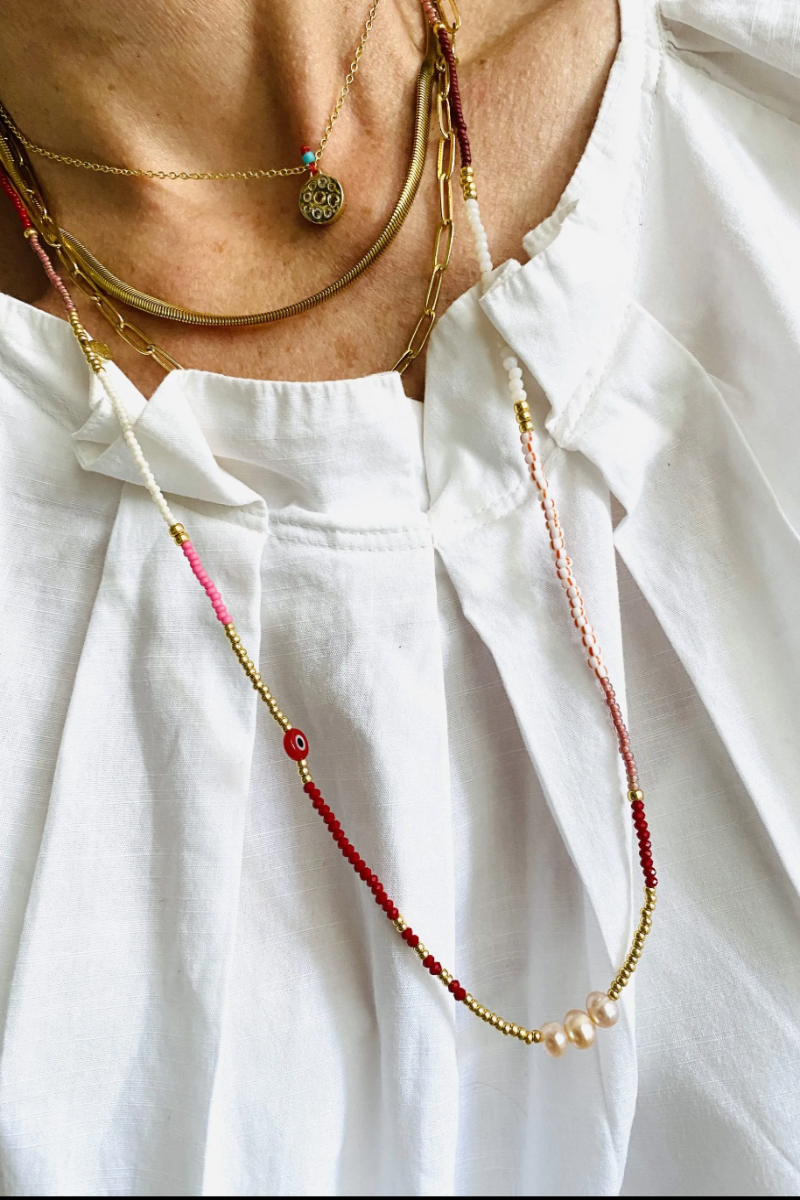 The Makery, Loopstring Necklace- 3 Pearls, Red/Pink