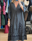 Greek Archaic Kori, Feather V-Neck Dress- Black