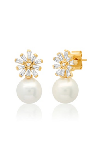 TAI, Flower Baguette CZ Studs With Pearl Dangling