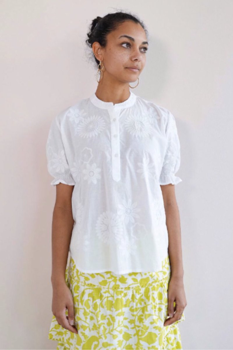 Nimo With Love, Sesame Blouse- White with White Embroidered Flowers