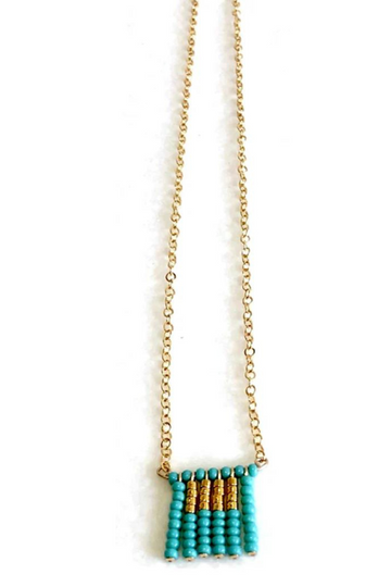 Sidai, Short Block Tassel Necklace On Chain - Turquoise and Gold