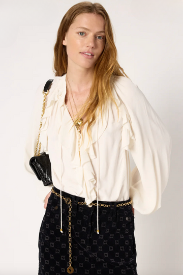 Gerard Darel, Agnella Ruffled Satin Shirt- Ecru