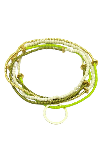 The Makery, Beaded Heartstring Necklace- Lime,Bone & Gold