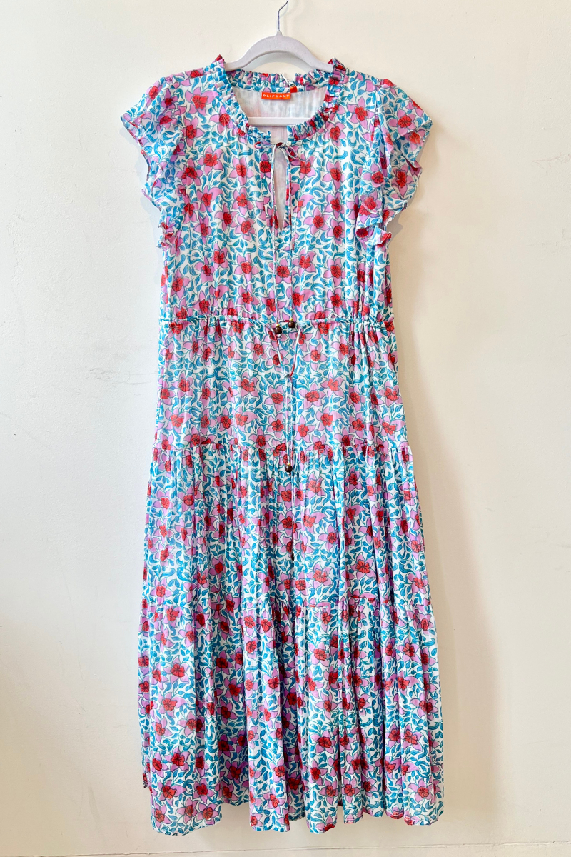 Oliphant, Cinched Flirty Midi Dress- Turquoise Jardin