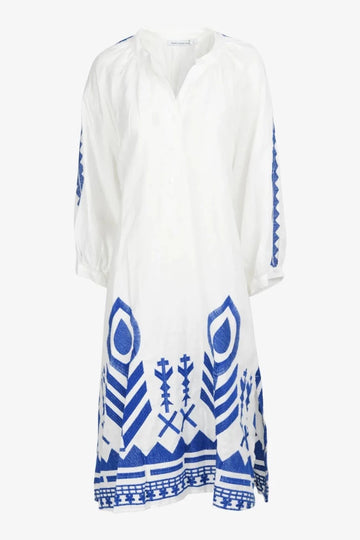 Greek Archaic Kori, Feather Chevron Long Dress- White/Blue
