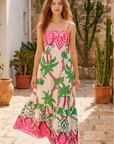 Ela Printed Cotton Spaghetti Strap Dress-Fucsia