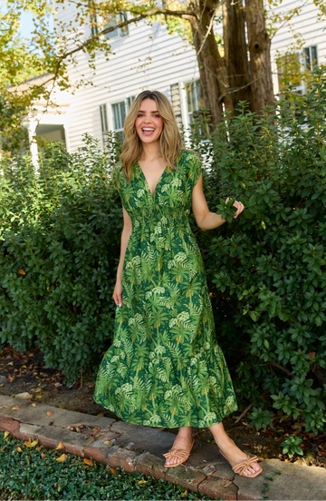 Beau & Ro, Lauren Dress-Dark Green Palm Leaf
