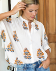 merson Fry, Mandarin Collar Organic Top-Tomas Flowers Marigolds