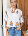 merson Fry, Mandarin Collar Organic Top-Tomas Flowers Marigolds