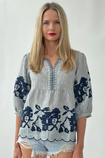Rose and Rose, Positano Stripe Top- Charcoal/Navy