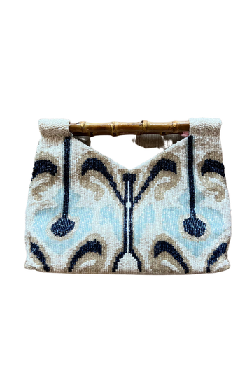 Tiana, Beaded Cut Out Bamboo Handle Bag- Ivory/Navy/Light Blue/Silver