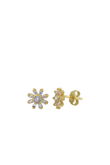 Gold 8-Petal Flower Stud Earrings with Cubic Zirconia