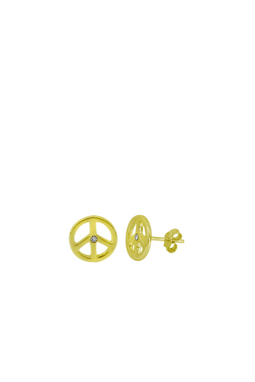 Gold Peace Sign Stud Earrings with Cubic Zirconia