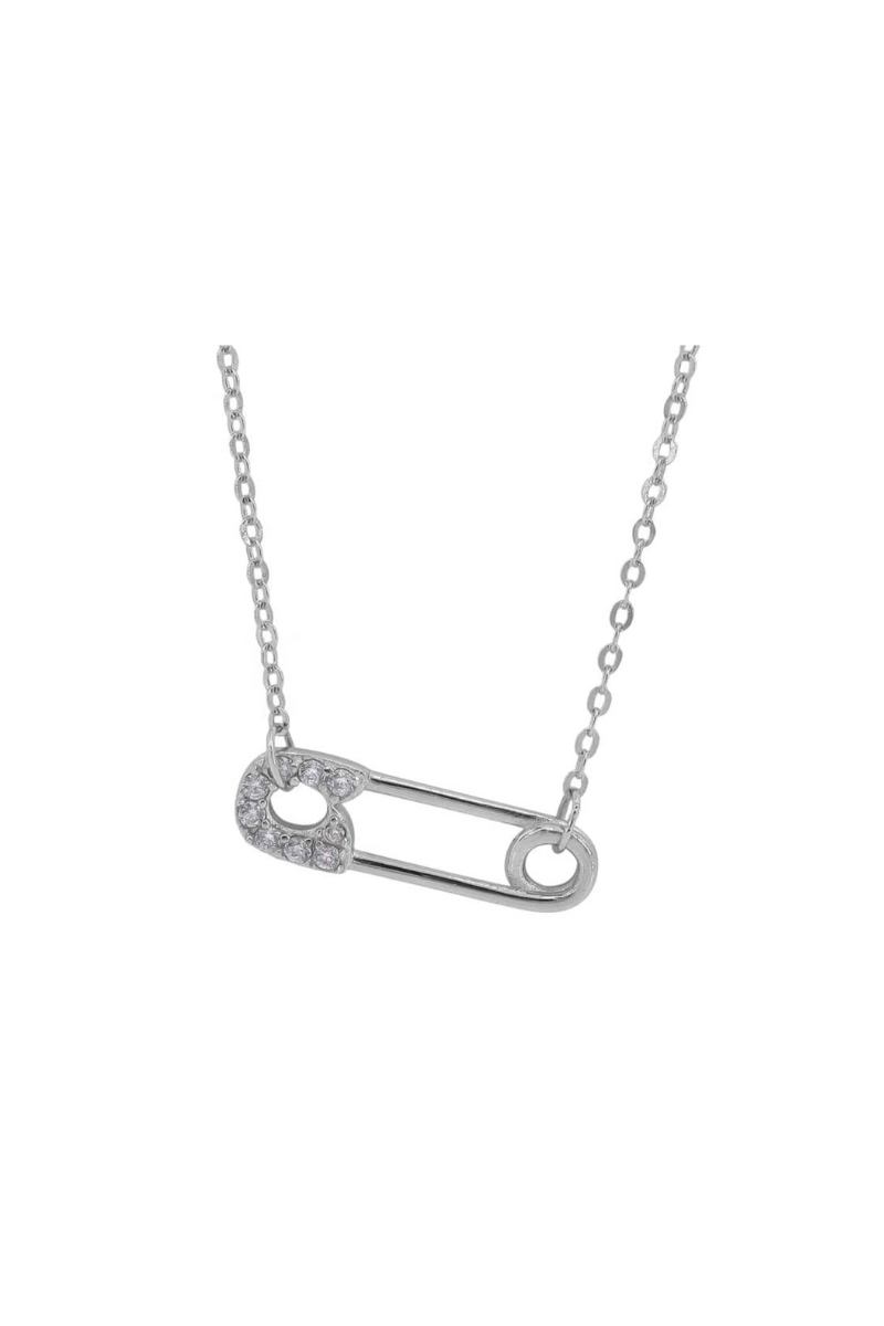 Silver Cubic Zirconia Safety Pin Necklace