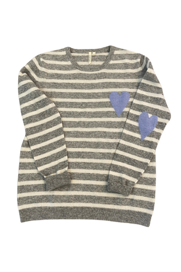 Heart Stripe Crew Sweater- Silver