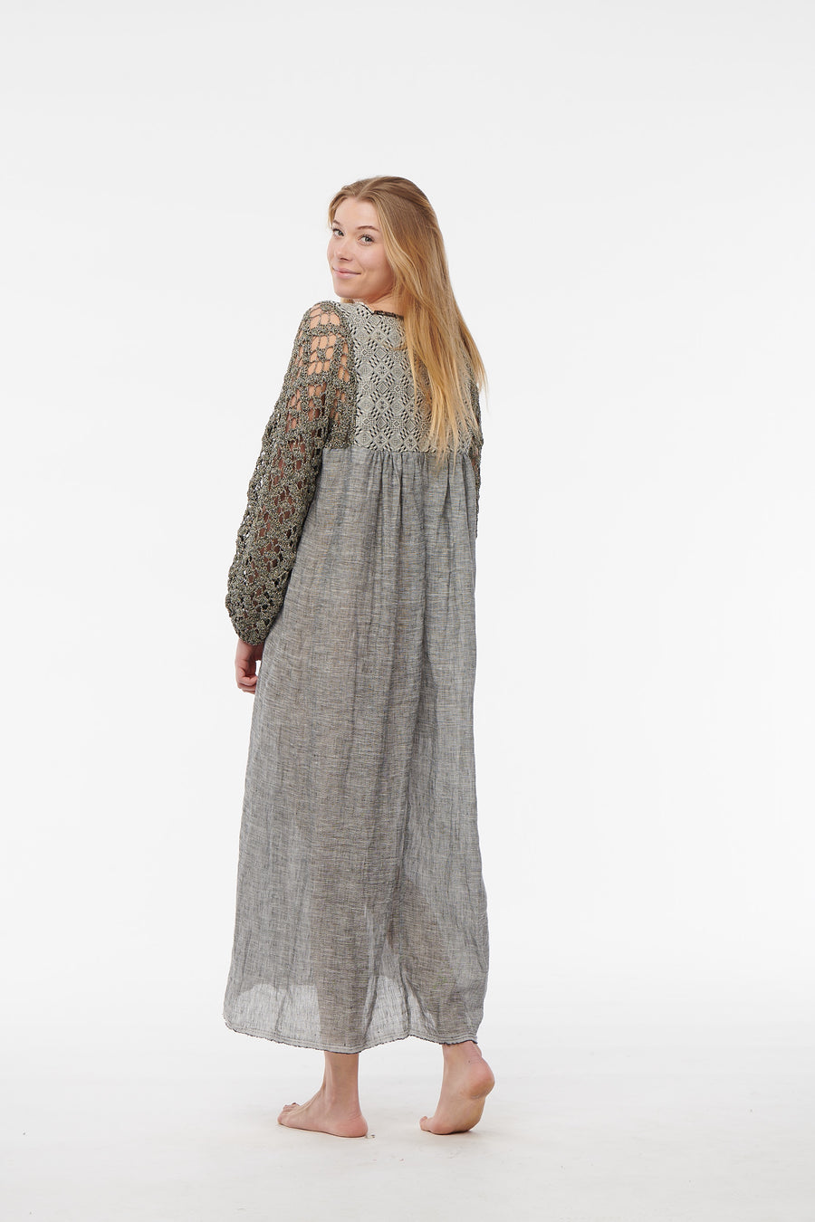 Nina Leuca, Long Dress with Grey Lurex Knit Sleeves