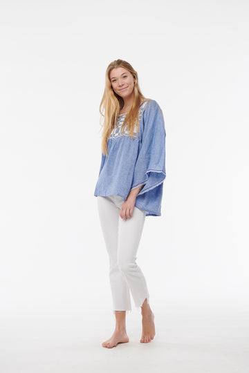 Nina Leuca, Denim Blue  Linen Top