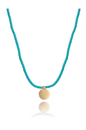 The Makery, Short Beaded Necklace with Brushed Gold Disc