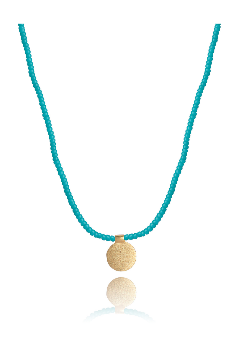 The Makery, Short Turquoise Beaded Necklace with Brushed Brass Disc