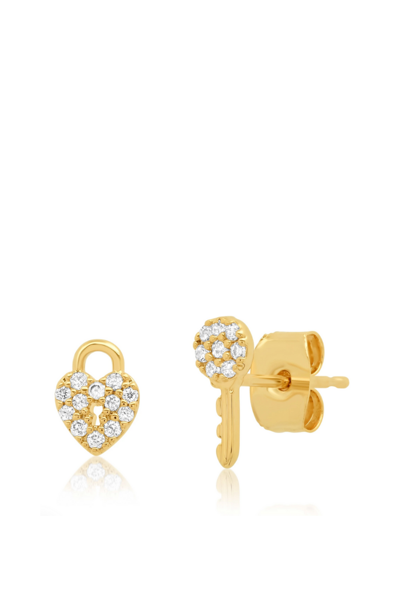 TAI, Gold Cubic Zirconia Heart Lock & Key Stud Earrings