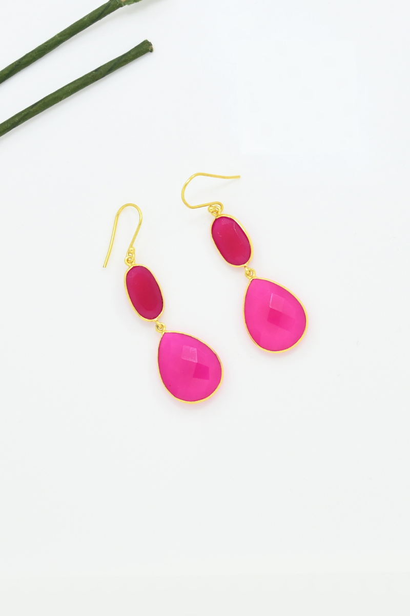 Schmuckoo, Teardrop Pink Fuchsia Gold Earrings