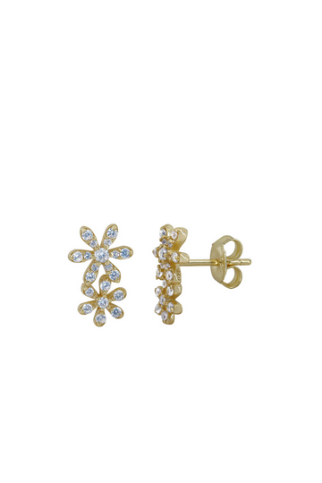 Gold Double Flower Stud Earring with Cubic Zirconia
