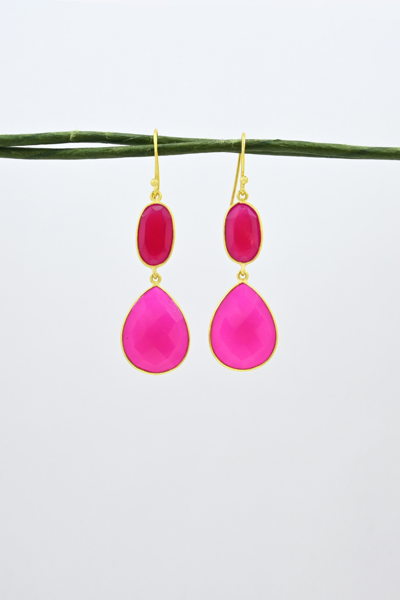 Schmuckoo, Teardrop Pink Fuchsia Gold Earrings