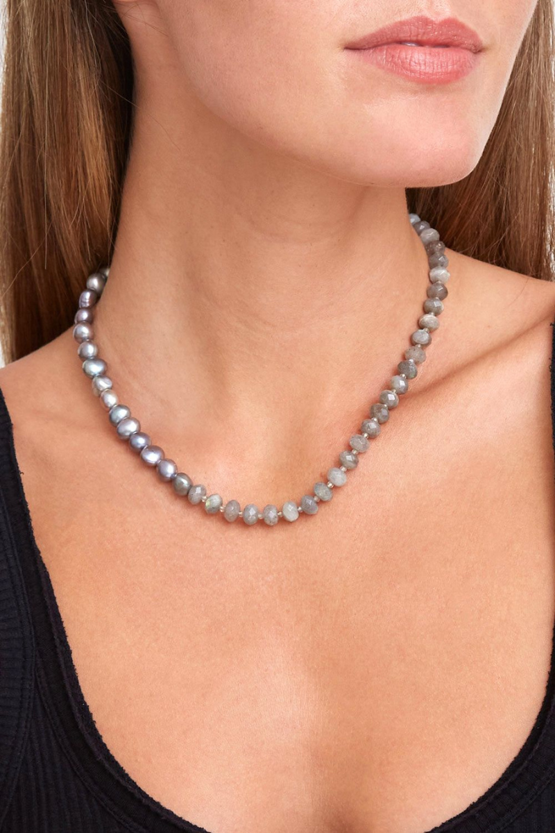 Chan Luu, Beaded Labradorite and Silver Pearl Necklace