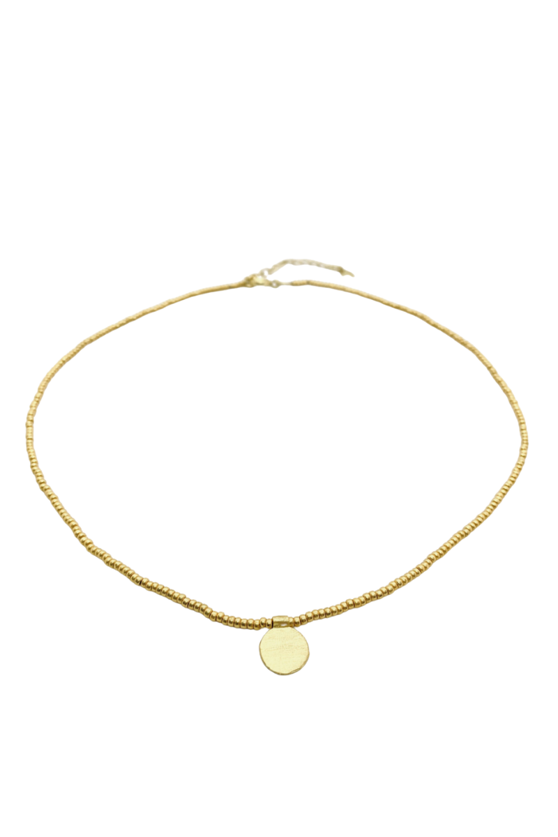 The Makery, Short Gold Beaded Necklace with Brushed Gold Disc