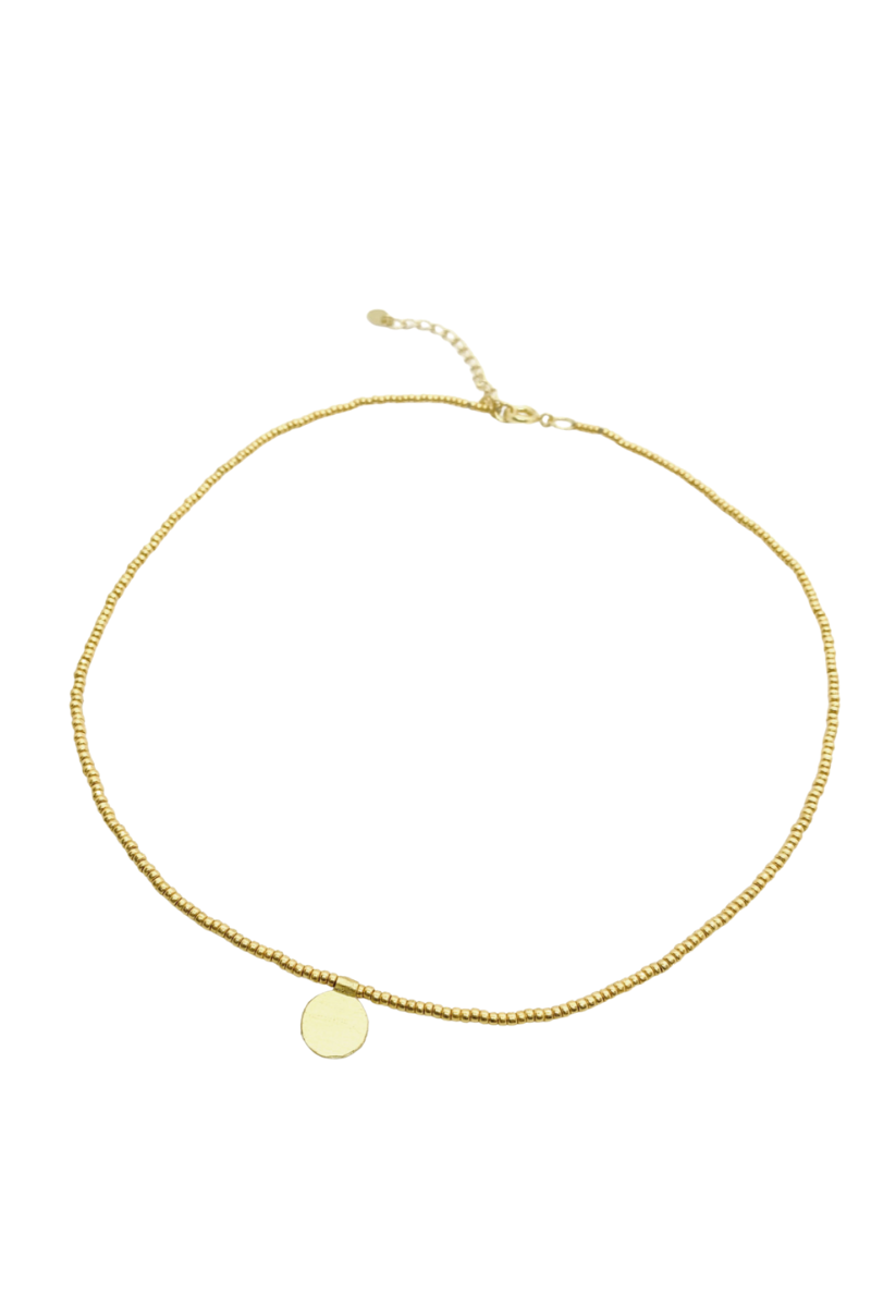 The Makery, Short Gold Beaded Necklace with Brushed Gold Disc